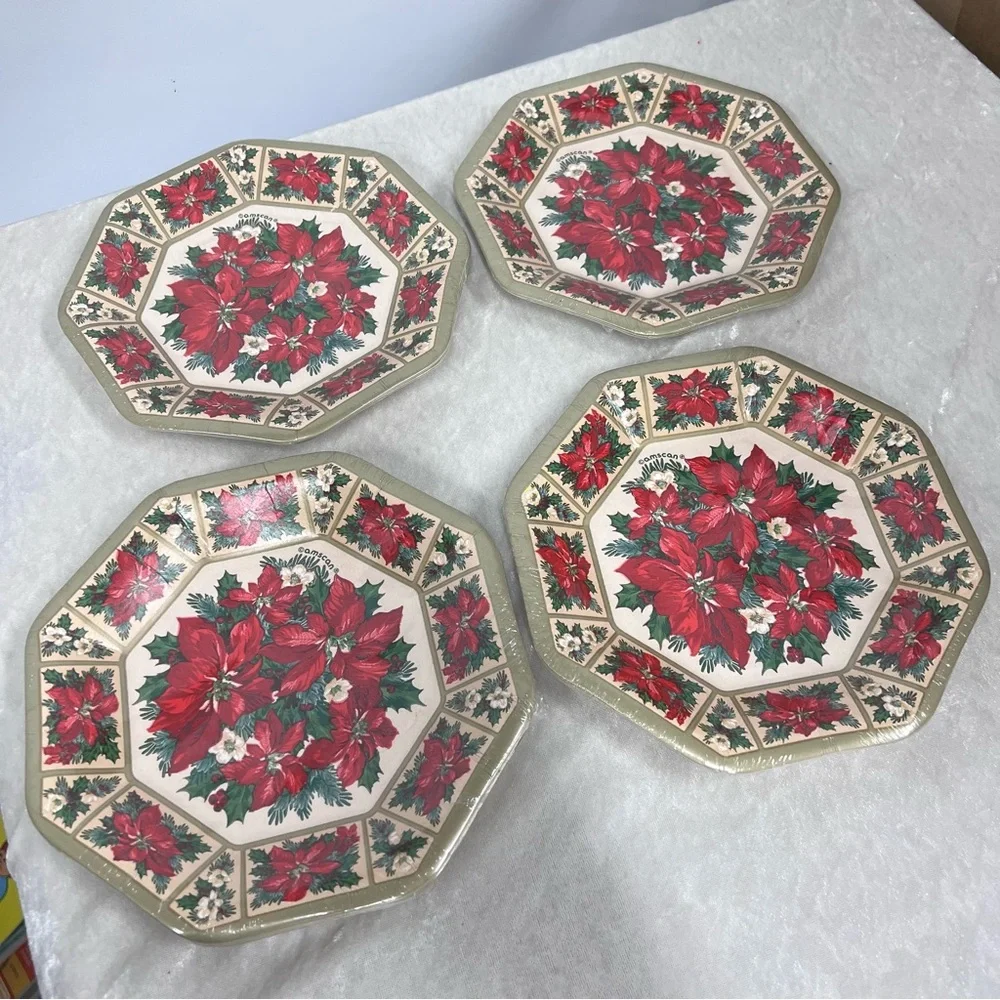 Vintage Festive Poinsettia Octagonal Salad Plates sealed 32 plates 7 inch.